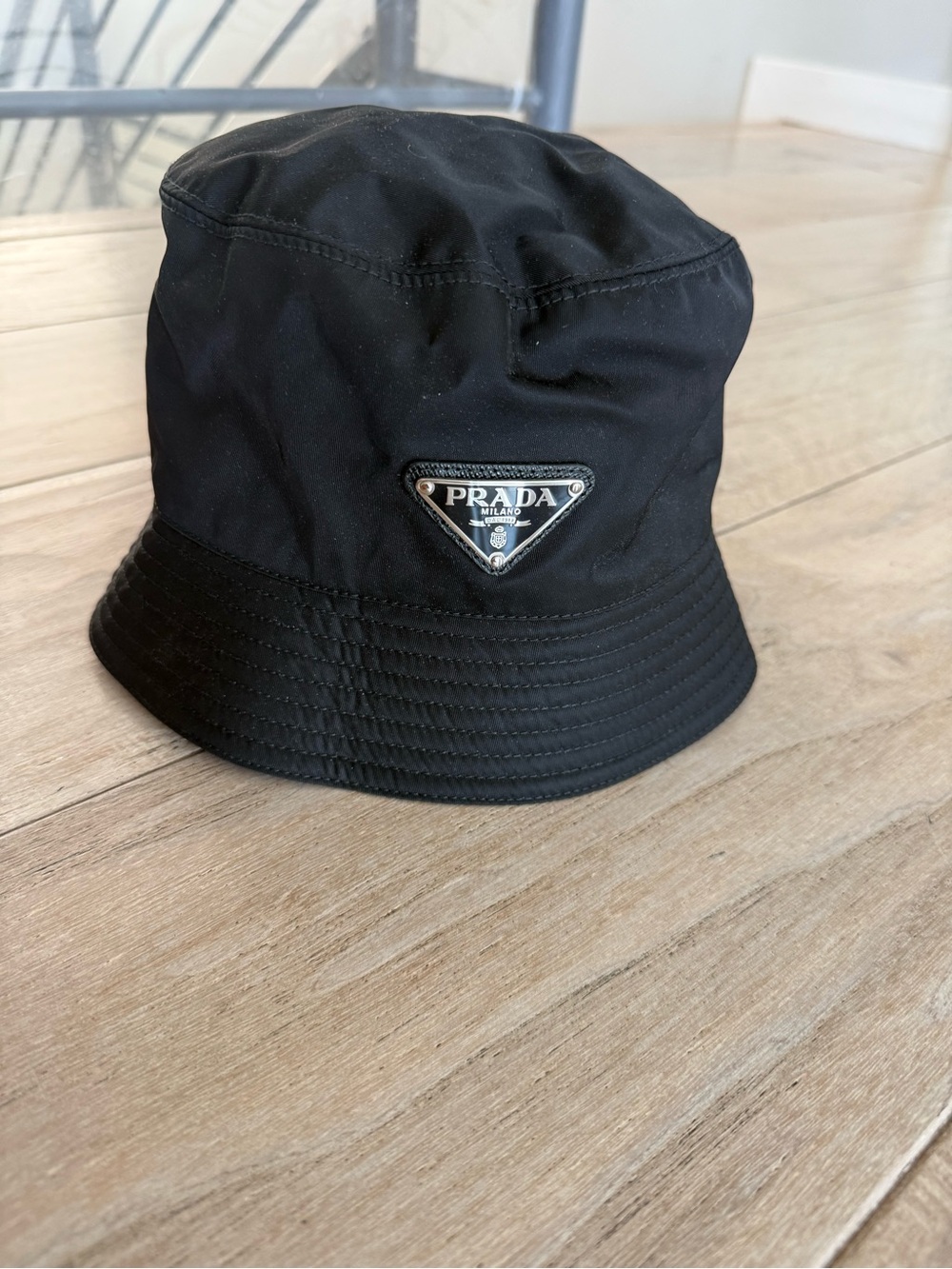 Prada Black Nylon Logo Bucket Hat with Metal Plaque